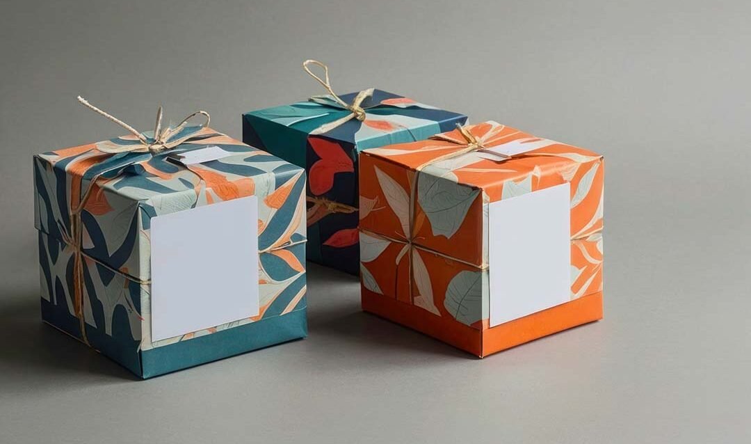 Three colorful square gift boxes wrapped with floral paper and tied with string are sitting on a grey background with blank white gift tags Three colorful square gift boxes wrapped with floral paper and tied with string are sitting on a grey background with blank white gift tags